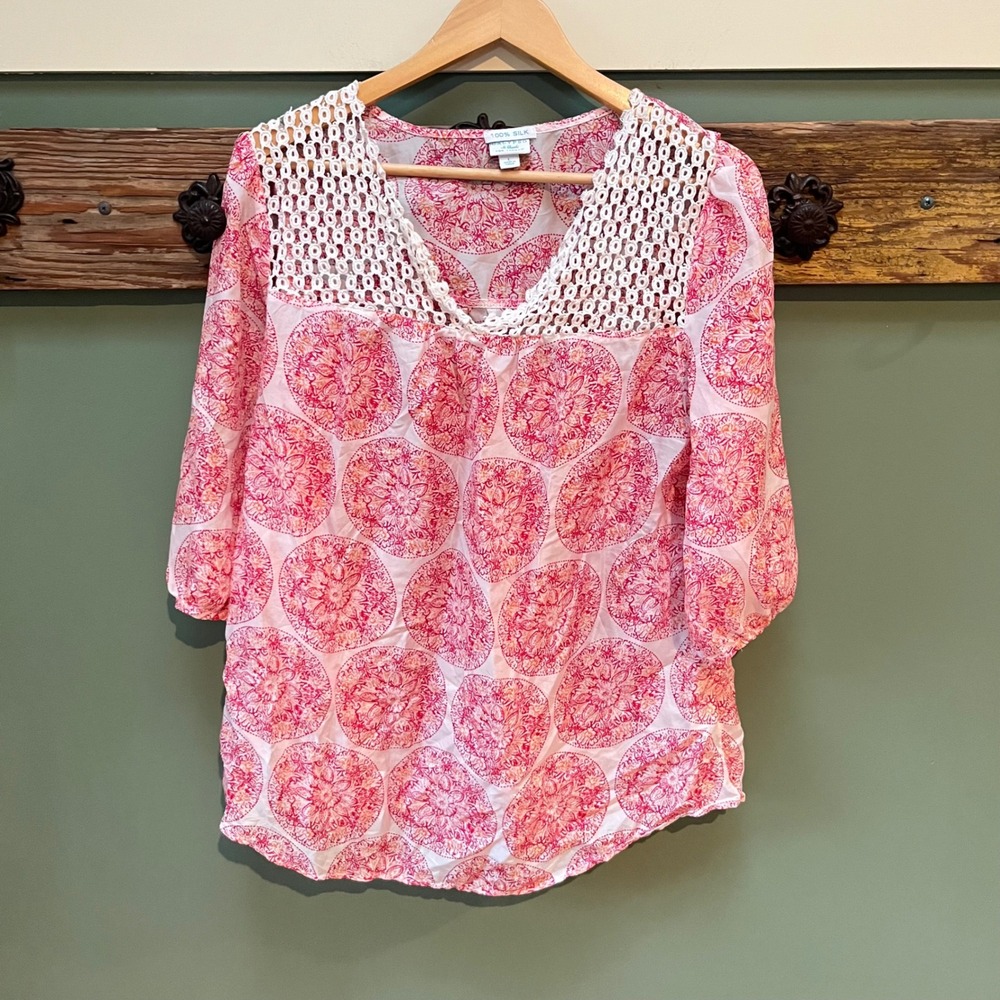 Calypso St Barth for Target Pink Medallion 100% Silk Crochet Blouse Large L